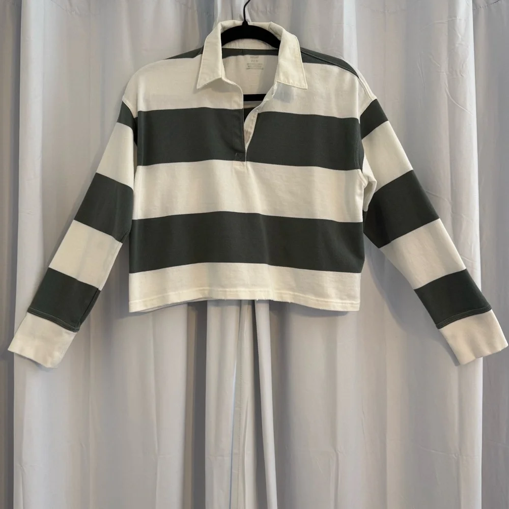 Aerie Striped Cropped Rugby Shirt Sporty Prep Oversized Womens XS Green White - Picture 2 of 13